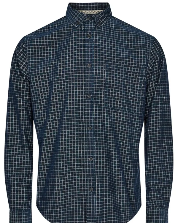 Mand Anerkjendt Akkonrad Cord Check L/S Shirt - Sky Captain