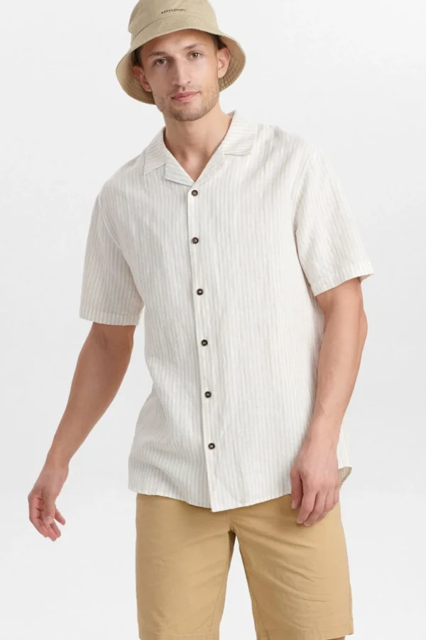 Mand Anerkjendt Akleo Cot/Lin Stripe Shirt - Brown Rice