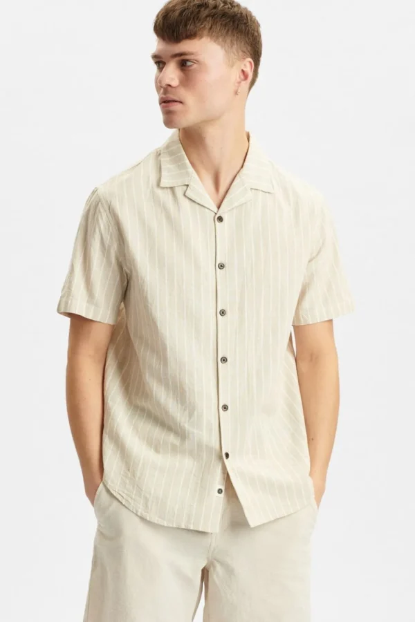 Mand Anerkjendt Akleo Stripe Cotton Linen Shirt - Brown Rice