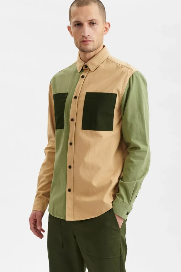 Mand Anerkjendt Aklouis Canvas Mix Shirt - Olivine