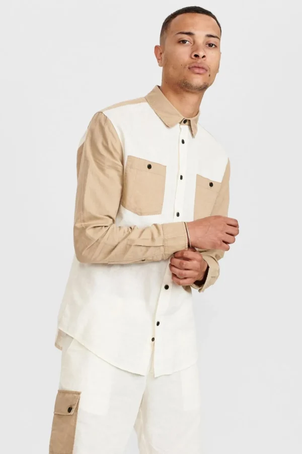 Mand Anerkjendt Aklouis Linen Block Shirt - Tofu