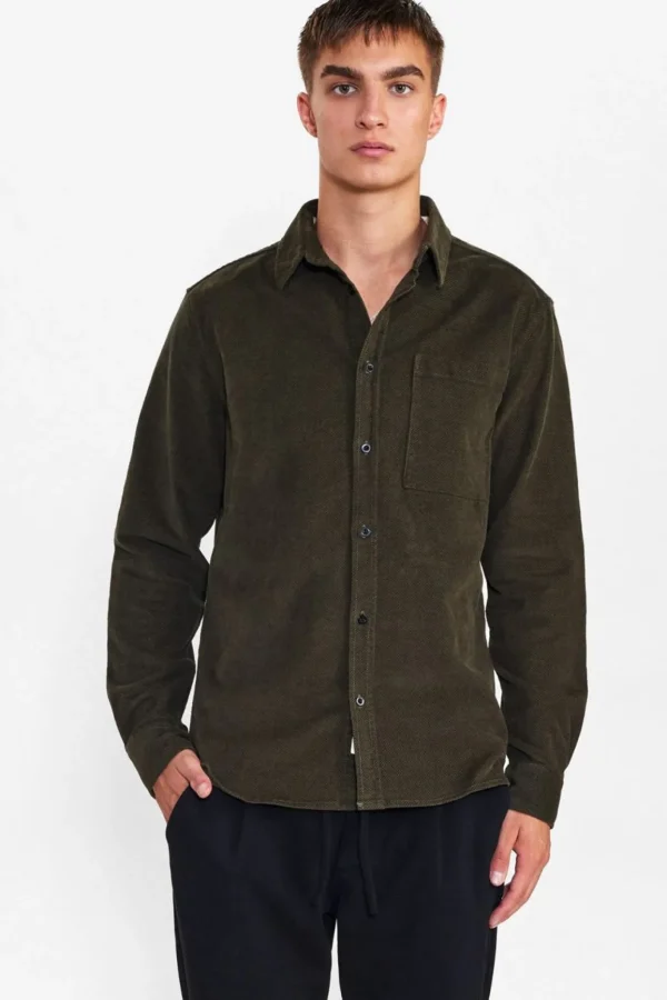 Mand Anerkjendt Aklouis Structure Cord Shirt - Dark Olive