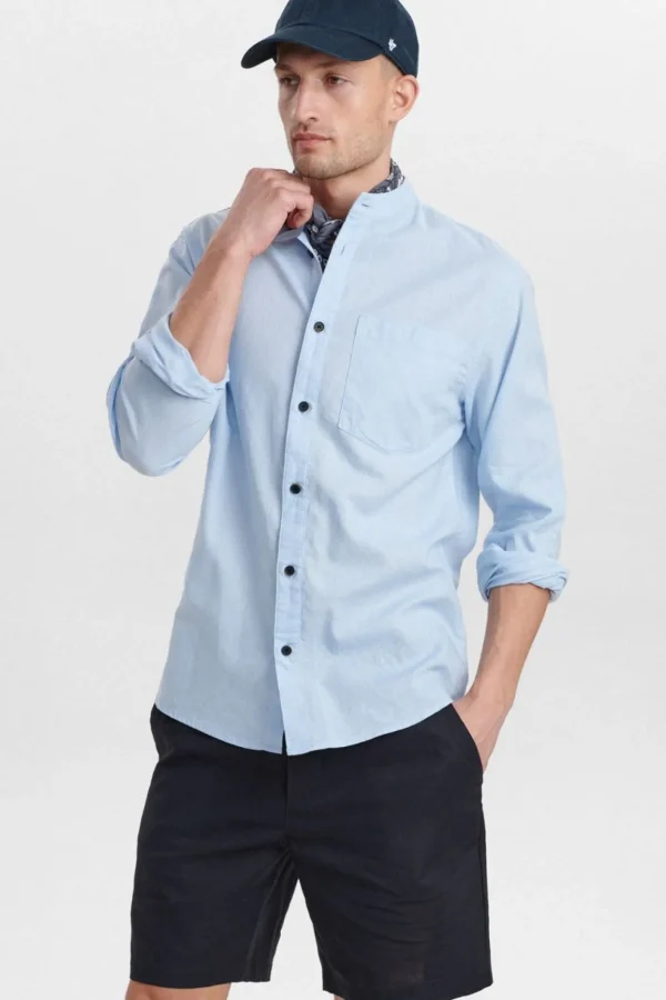 Mand Anerkjendt Aklukas Linen Shirt - Sky Blue