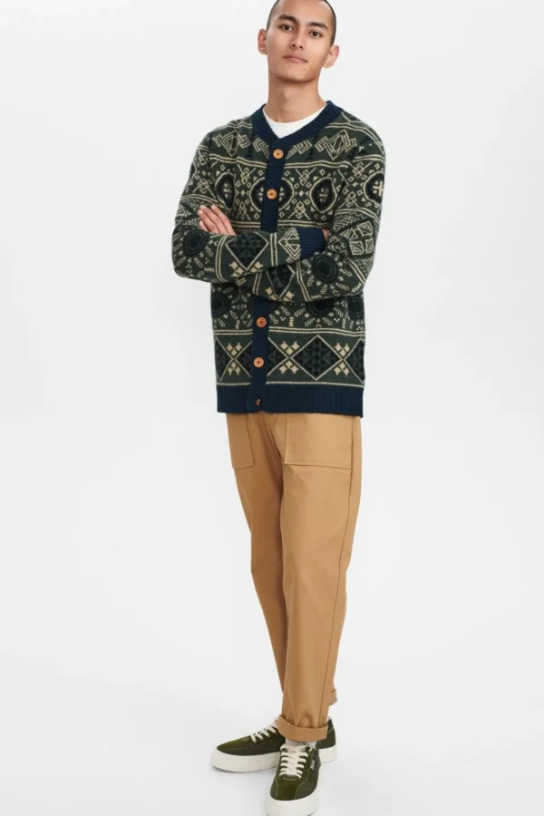 Mand Anerkjendt Aksteen Jacquard Cardigan Knit - Deep Forrest